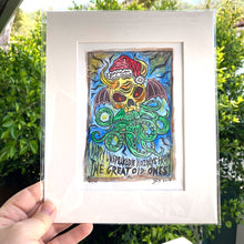 Load image into Gallery viewer, Happy Unspeakable Holidays, from the Great Old Ones - An Original Limited Edition Linocut (Series of 15)