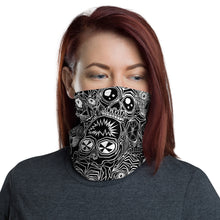 Load image into Gallery viewer, Woman wearing a neck gaiter featuring our original &quot;Bone Room&quot; design.
